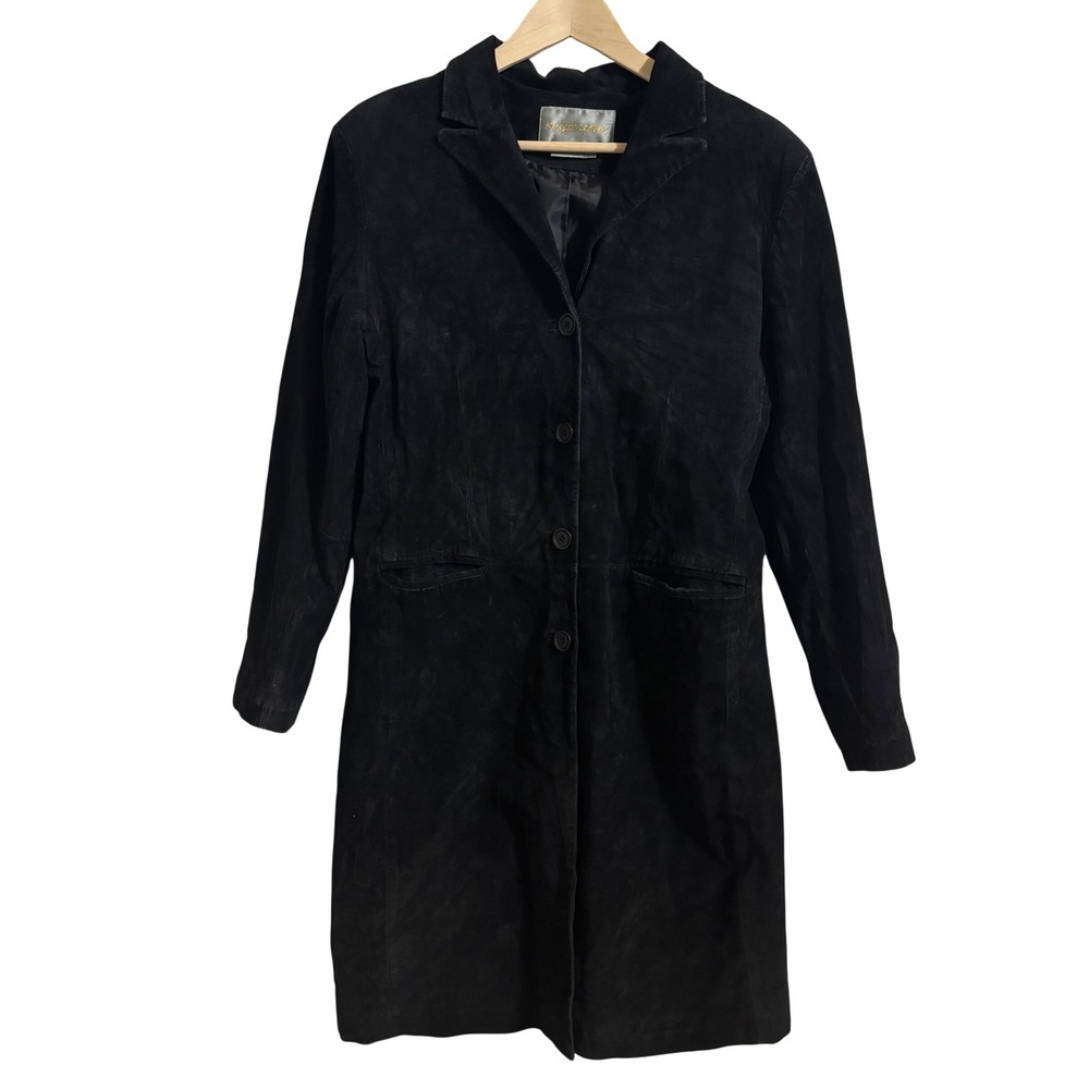 Vintage Margaret Godfrey Black Suede Leather Trench Coat Jacket Womens 12‎ Goth